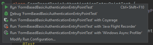 Screenshot of the options of running a test within IntelliJ